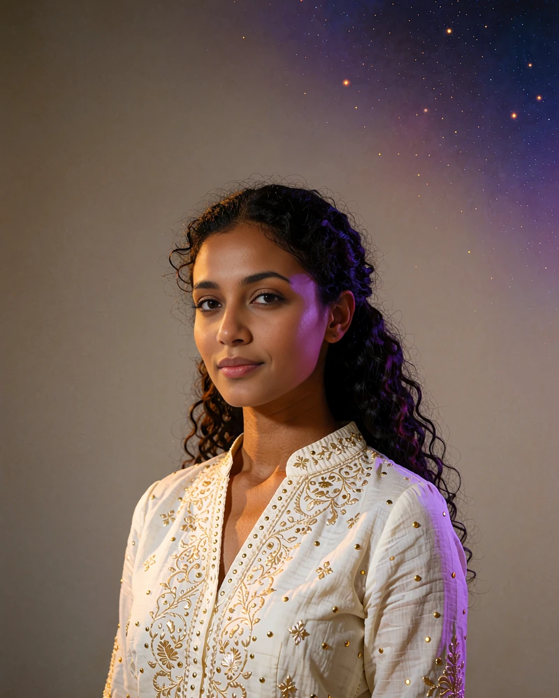 Sri Lankan member with long dark curls in an ivory blouse photographed against a warm stone-grey studio wall