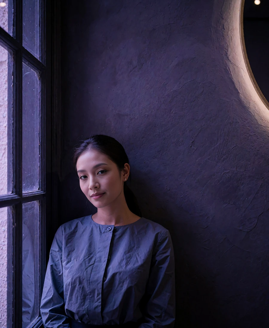 Thai member in a slate-blue blouse standing beside a tall window in a minimalist gallery at night
