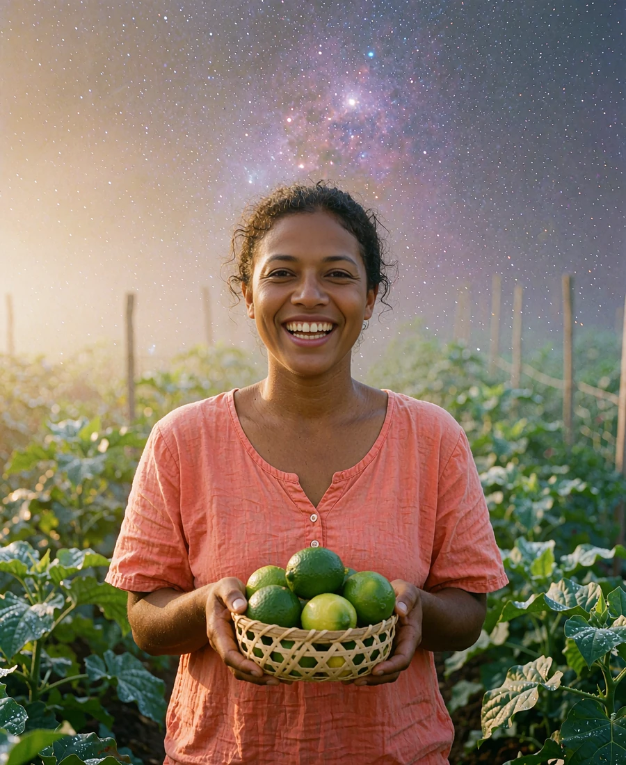 Timorese member in a coral cotton top holding a woven basket of limes in a green garden plot