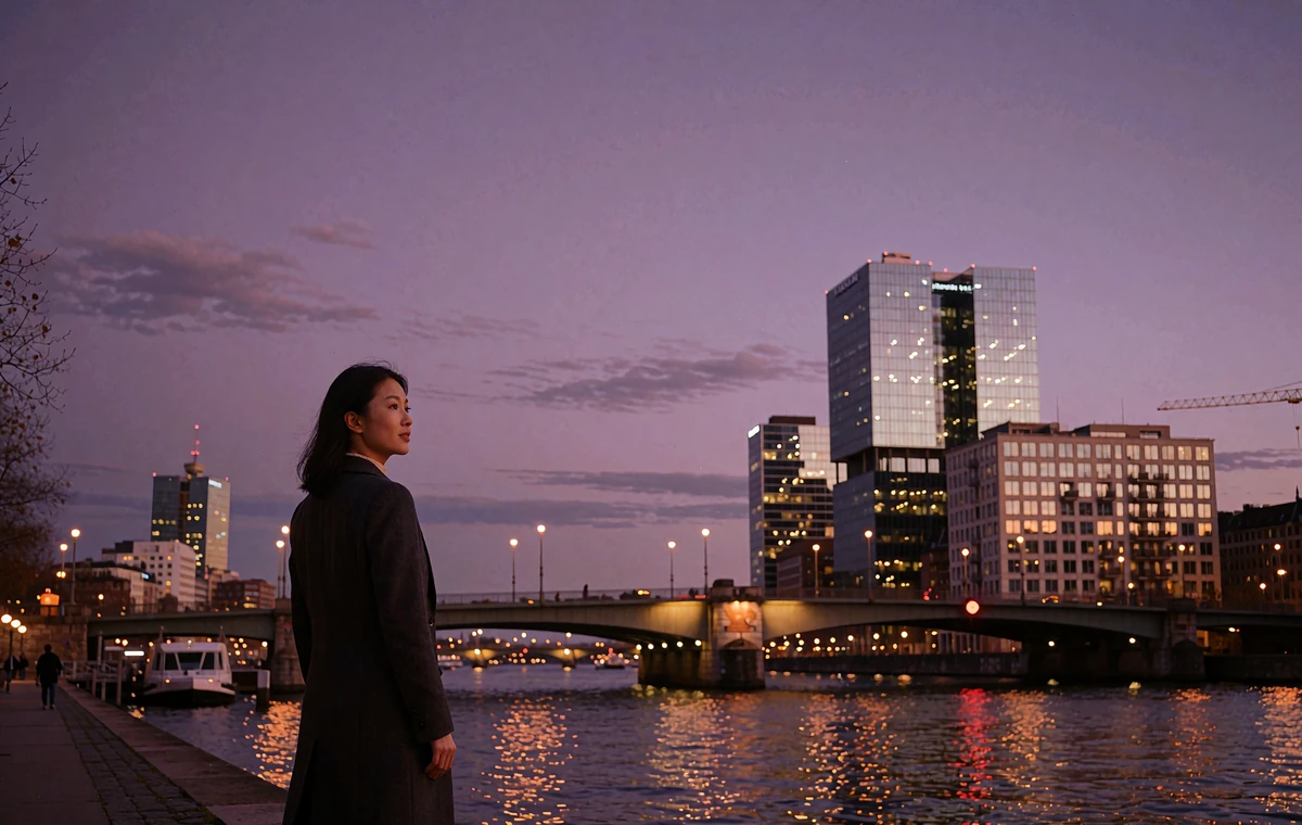 Chinese woman in a dark tailored coat standing at a riverside railing overlooking illuminated bridges and glass towers at twilight