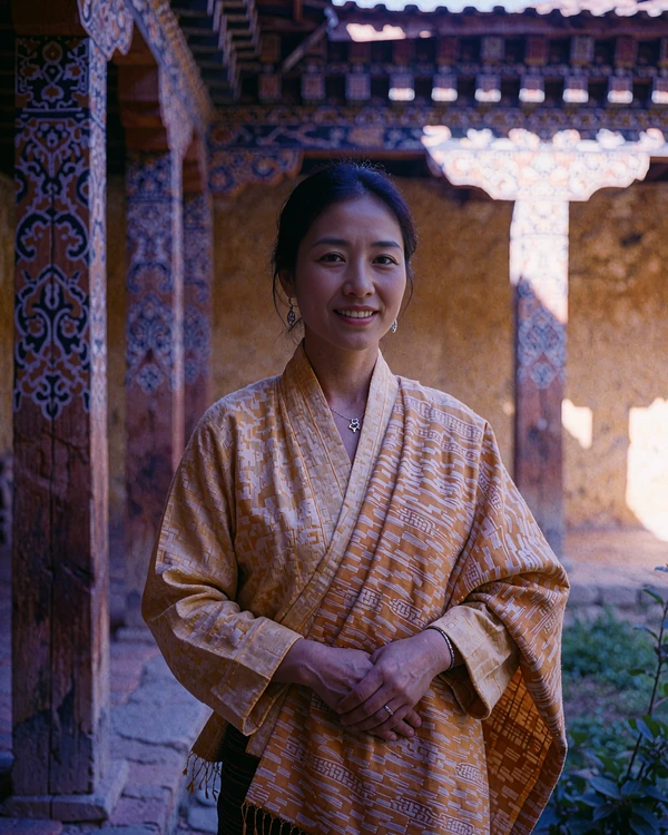 Bhutanese member in a saffron-toned woven wrap standing in a timber-framed mountain courtyard