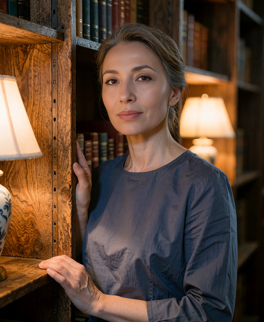 Kazakh member in a slate blouse standing among wooden shelves in a reading room