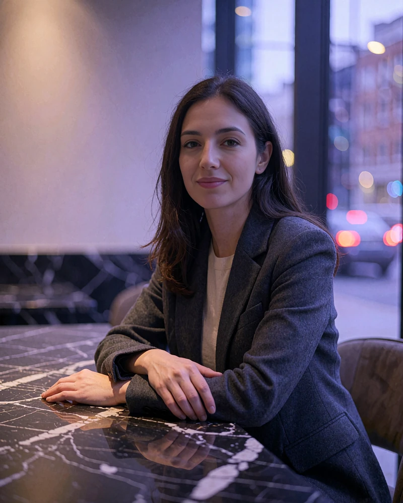 Turkmen member in a charcoal blazer seated at a marble café table in a diaspora city