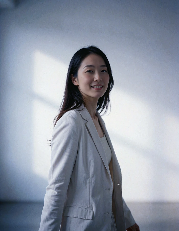 Japanese member in a tailored pale blazer walking through a bright minimal gallery space