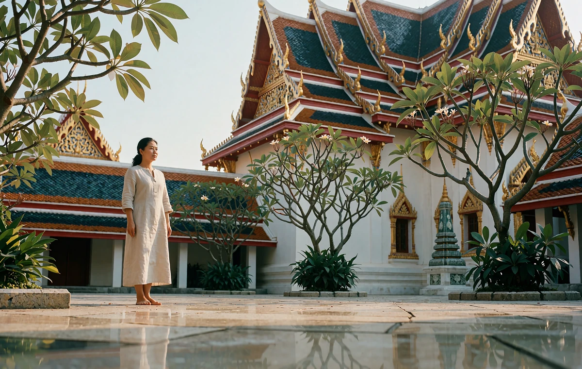 Thai woman in a pale linen dress standing in a temple courtyard with gilded tiered rooflines in Thailand