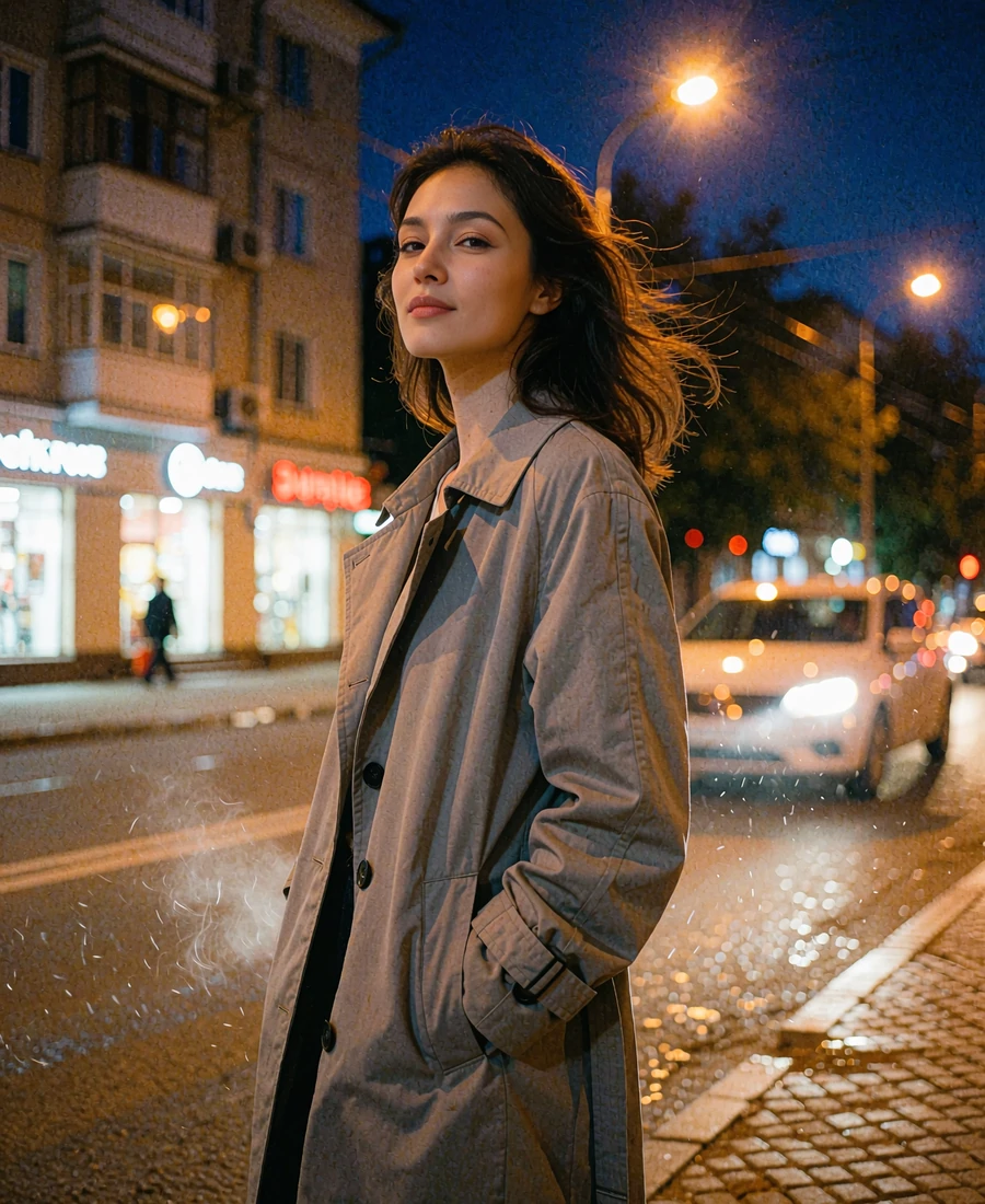 Kyrgyz member in a grey trench coat on a city street at blue hour