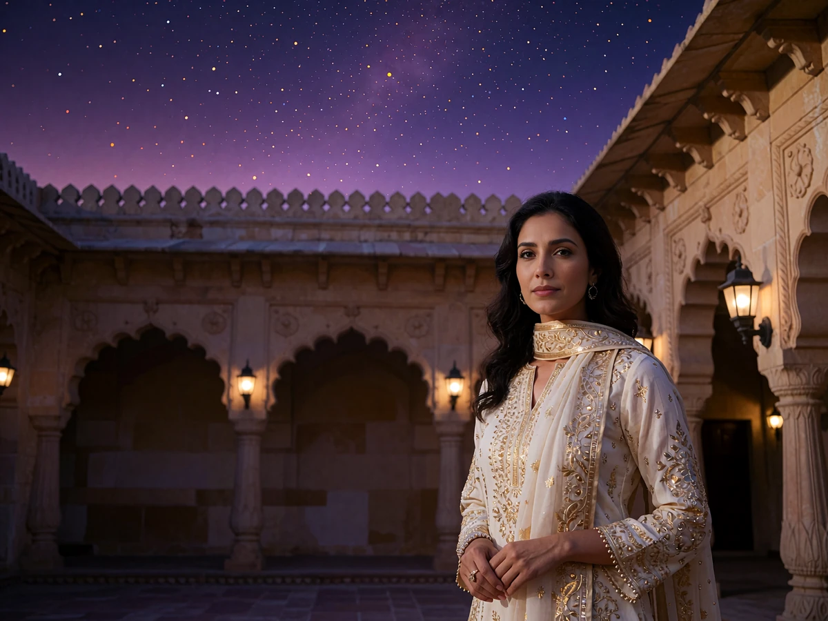 Elegant Pakistani woman in an embroidered ivory and gold outfit standing in a quiet arcaded courtyard at dusk