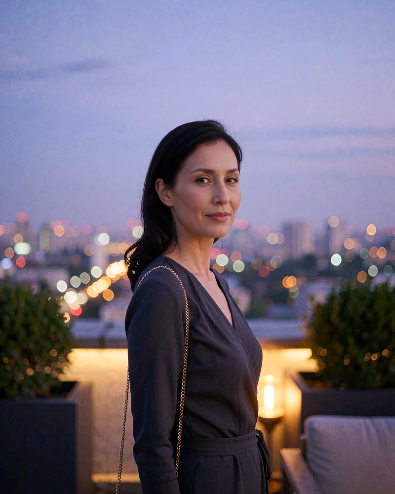 Uzbek member in a charcoal wrap dress on a Tashkent rooftop terrace at blue hour