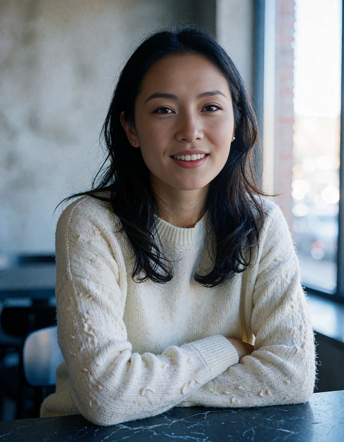 Mongolian woman in a cream knit sweater smiling at a quiet modern cafe table