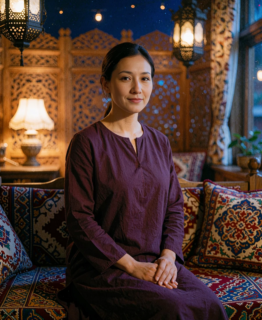 Kyrgyz member seated in a warm traditional teahouse interior with a gentle hospitable smile
