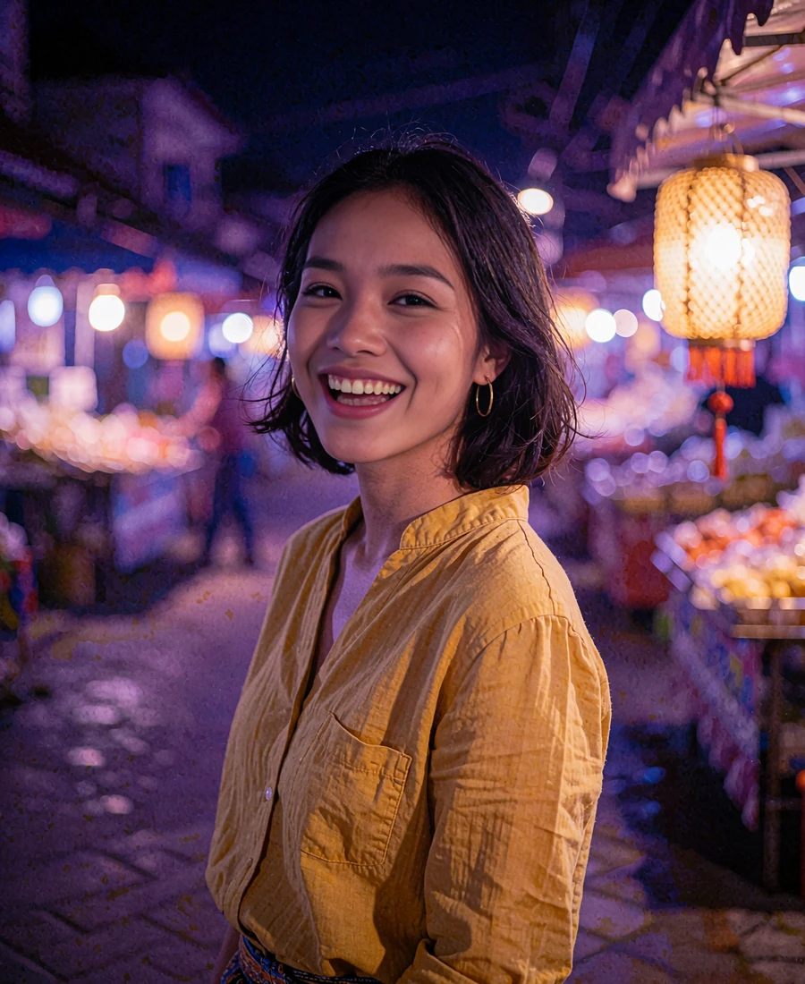 Thai member in a mustard-gold blouse smiling in a softly lit evening street scene