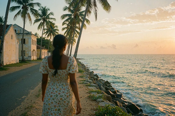 Sri Lankan woman walking along a palm-lined coastal road at golden hour with the ocean beyond