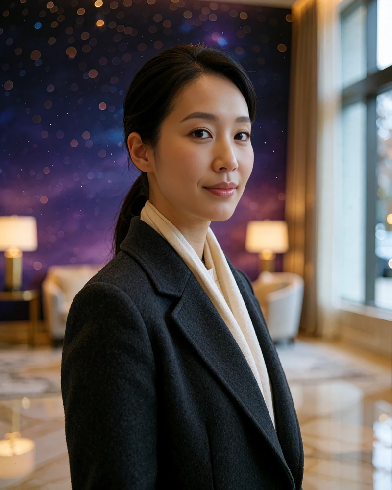 Korean member in a charcoal coat photographed in a warmly lit luxury hotel lobby