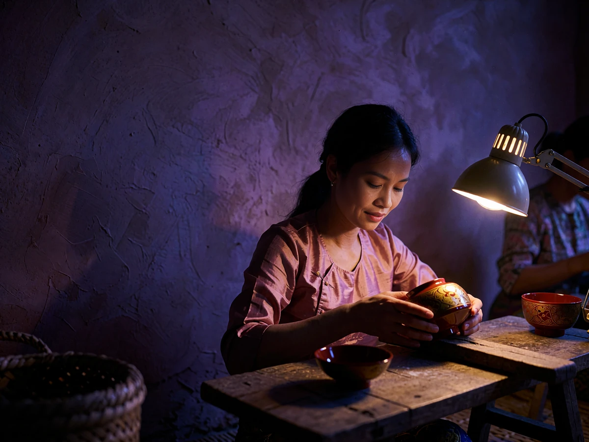 Burmese artisan woman in a dusty-rose silk blouse turning a lacquered bowl at a wooden workbench in a dim studio