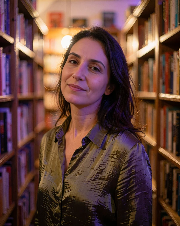 Armenian woman in an olive silk shirt standing among bookshelves in a bookshop