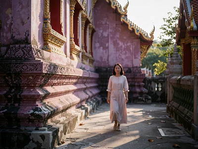 Thai woman in a pastel dress walking through a quiet temple courtyard in late afternoon light