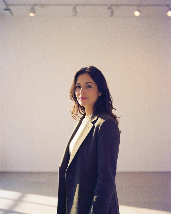 Jordanian member in an olive tailored coat standing in a bright minimal gallery space
