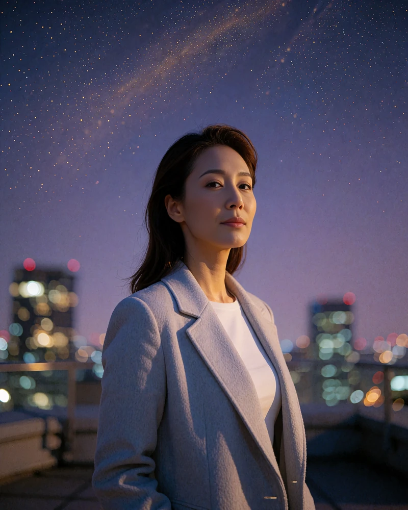 Korean member in a tailored pale grey coat on a Seoul rooftop terrace at blue hour