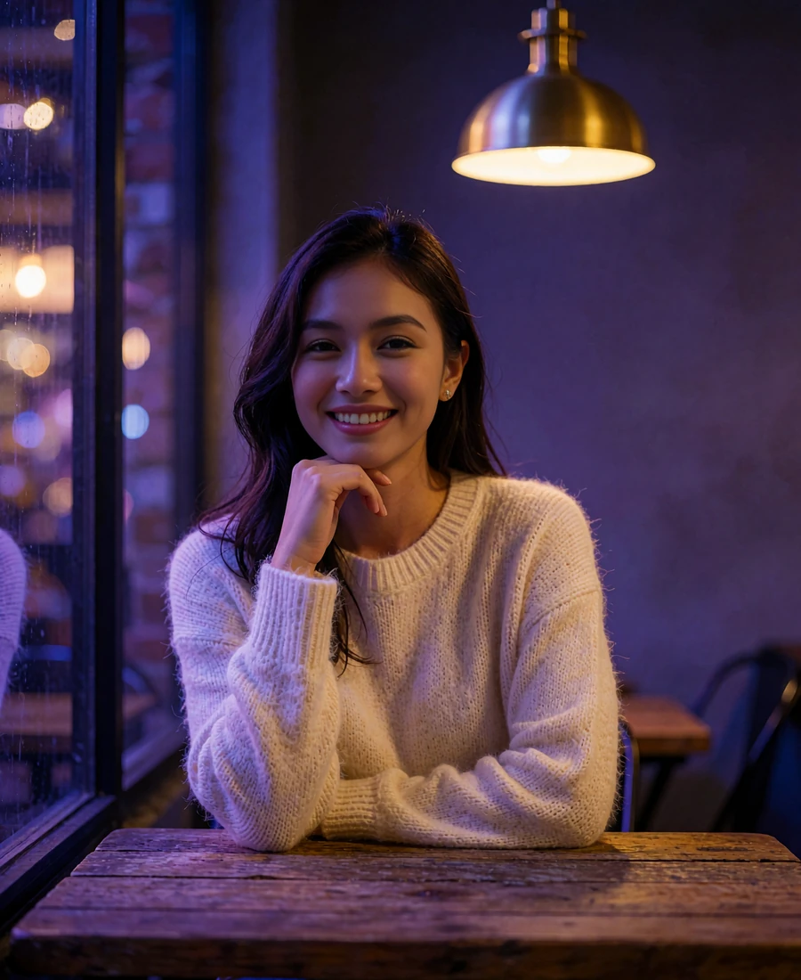 Indonesian member in a cream sweater smiling at a small café table at night in Bandung