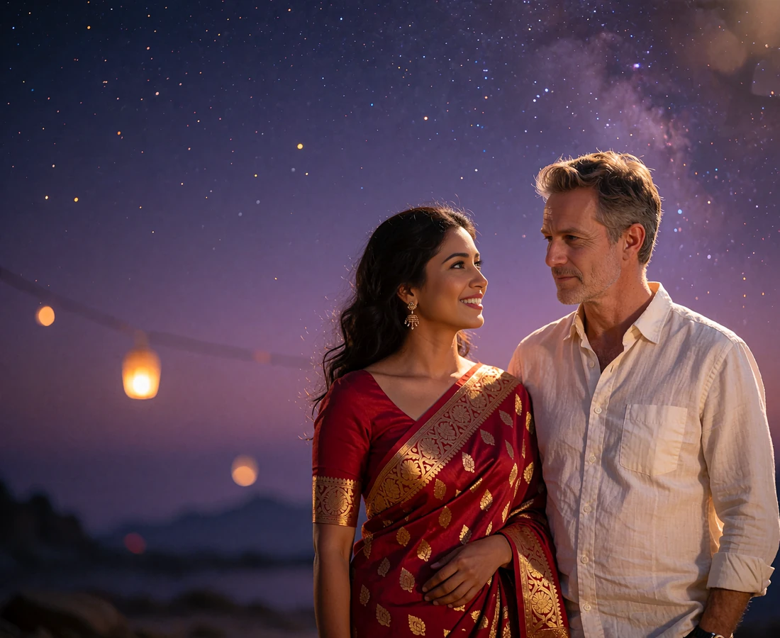 Bangladeshi woman in a crimson and gold sari standing beside a Western man in a quiet evening garden after meeting through an international dating platform