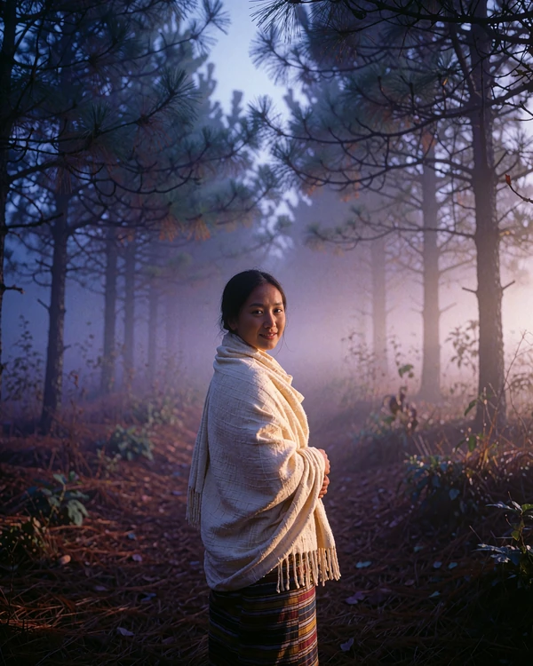 Bhutanese member in a cream woven wrap glancing back on a misty pine forest path