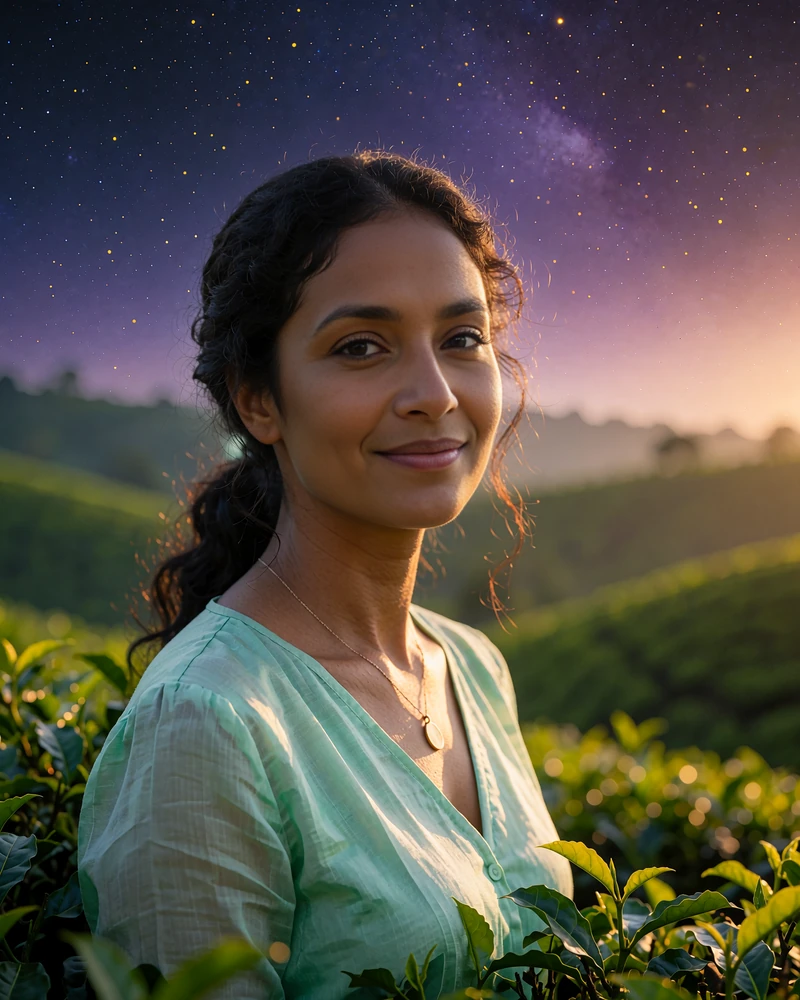 Sri Lankan member in a pale emerald blouse standing in a tea-country garden at golden hour
