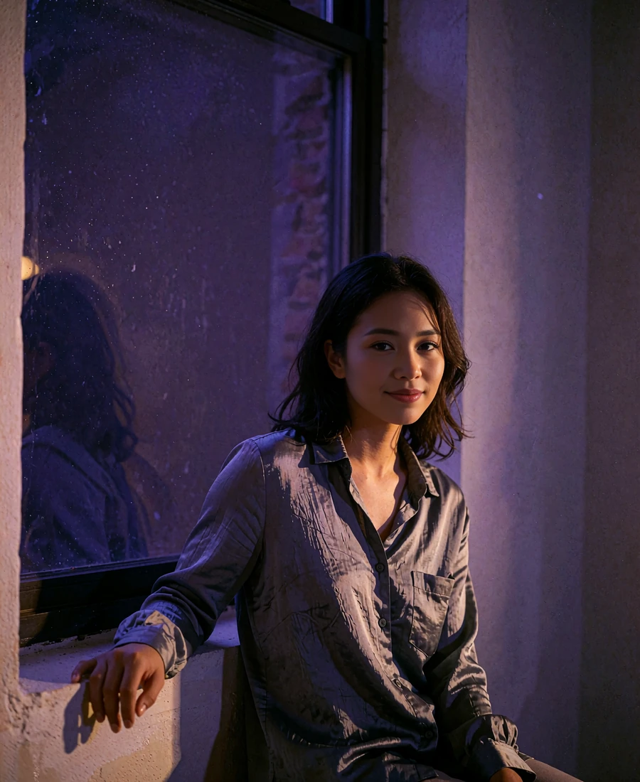 Cambodian member in a slate-grey silk shirt seated beside a tall dark window at night