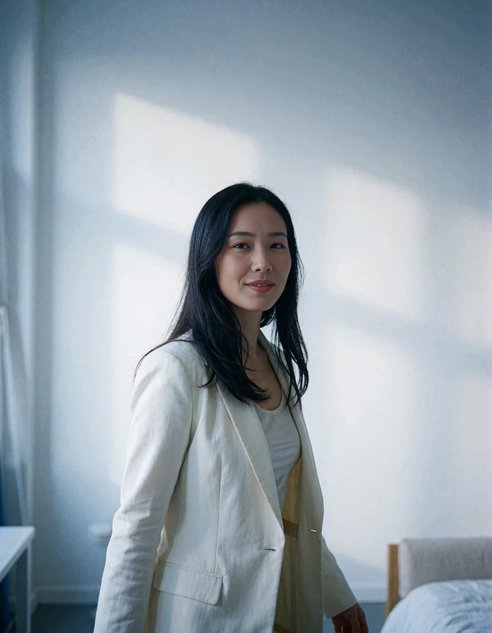 Mongolian woman in an ivory blazer walking through a bright minimal interior