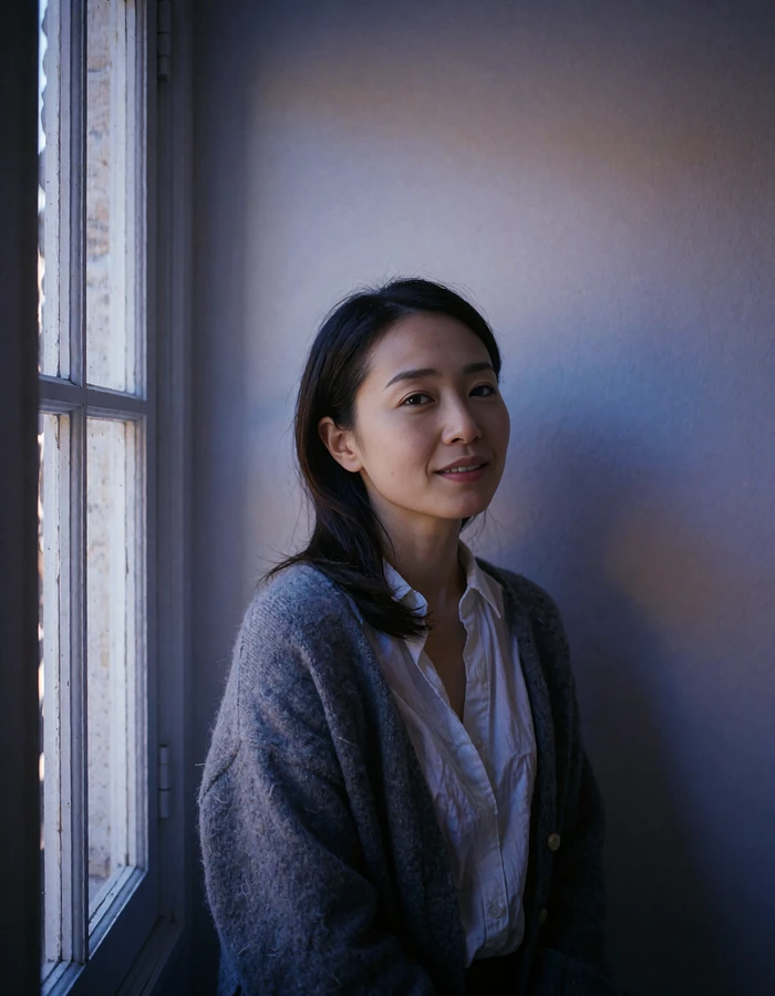 Japanese member in a charcoal cardigan glancing back toward the camera beside a tall window