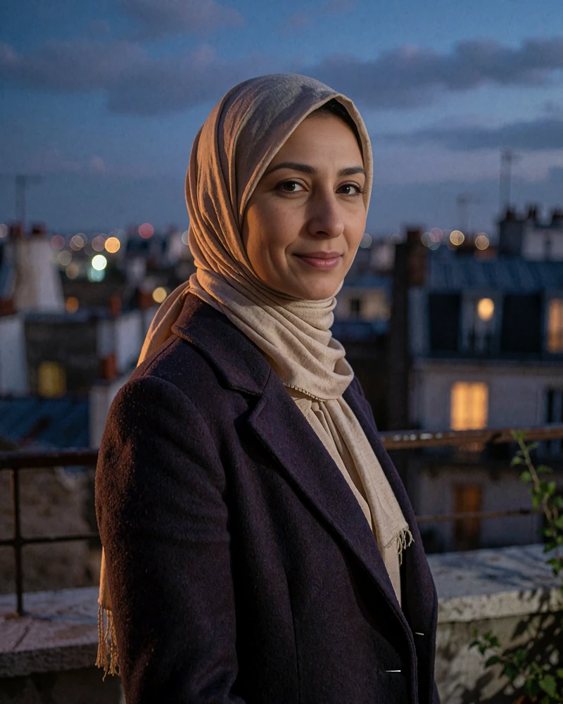 Yemeni member in a sand headscarf and navy coat on a city terrace at dusk