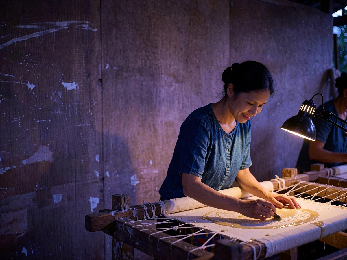 Indonesian woman drawing wax batik patterns onto cloth in a dim traditional workshop