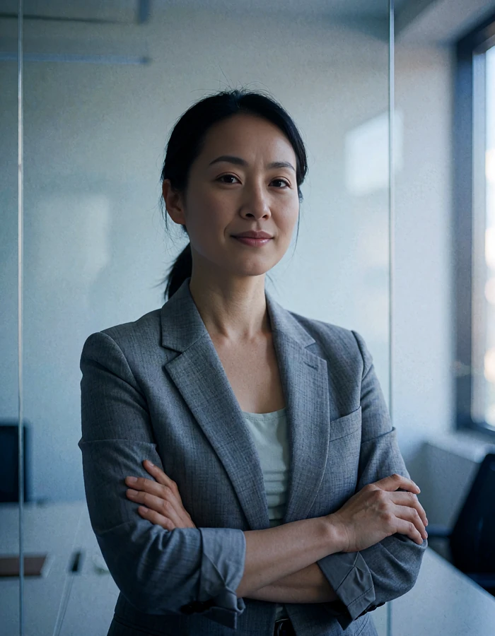Chinese woman in a stone-grey blazer standing in a contemporary daylit workspace