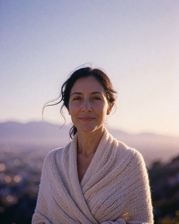 Armenian woman in an ivory wrap on a hillside terrace overlooking distant mountains