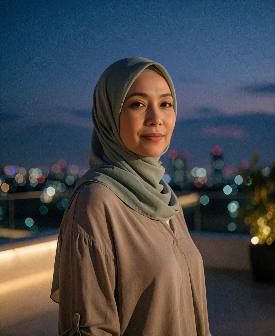 Malay member in a sage headscarf standing on an upscale rooftop terrace at dusk with the city skyline behind her