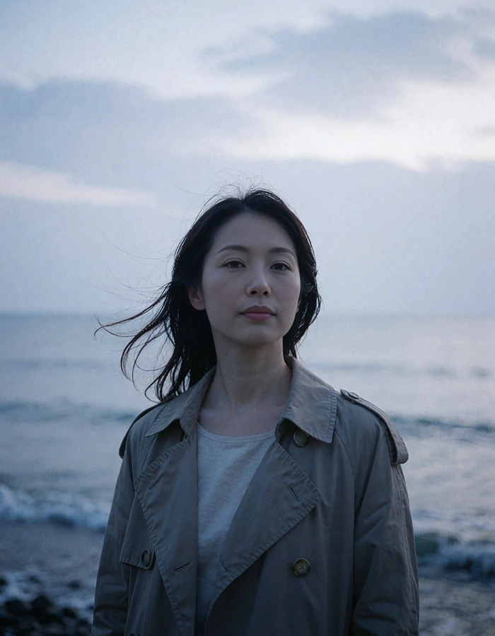 Japanese member in a stone-grey trench coat standing near a coastline in overcast light