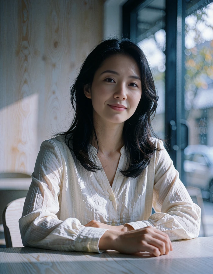 Korean woman seated at a quiet cafe table in soft daylight