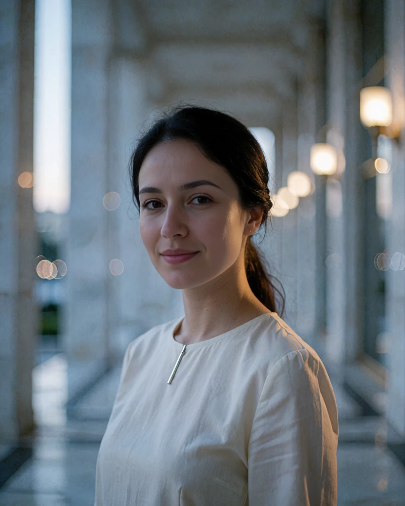 Turkmen member in an ivory blouse standing along a marble colonnade in Ashgabat at dusk