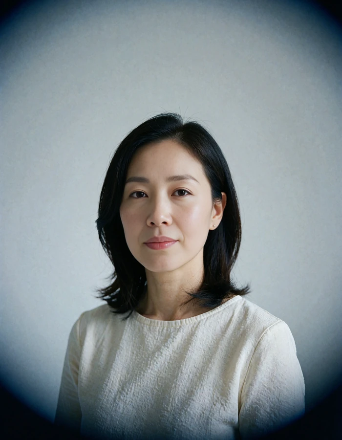 Korean woman photographed against a plain pale studio backdrop with a composed smile