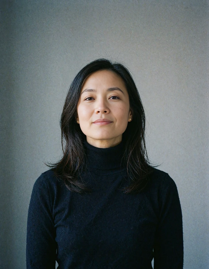 Chinese woman photographed against a seamless grey backdrop with a subtle confident smile