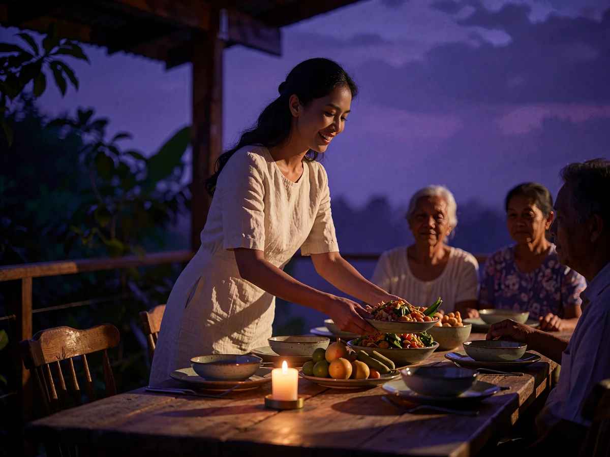 Filipina woman laughing while sharing a meal with family at an evening terrace gathering in the Philippines