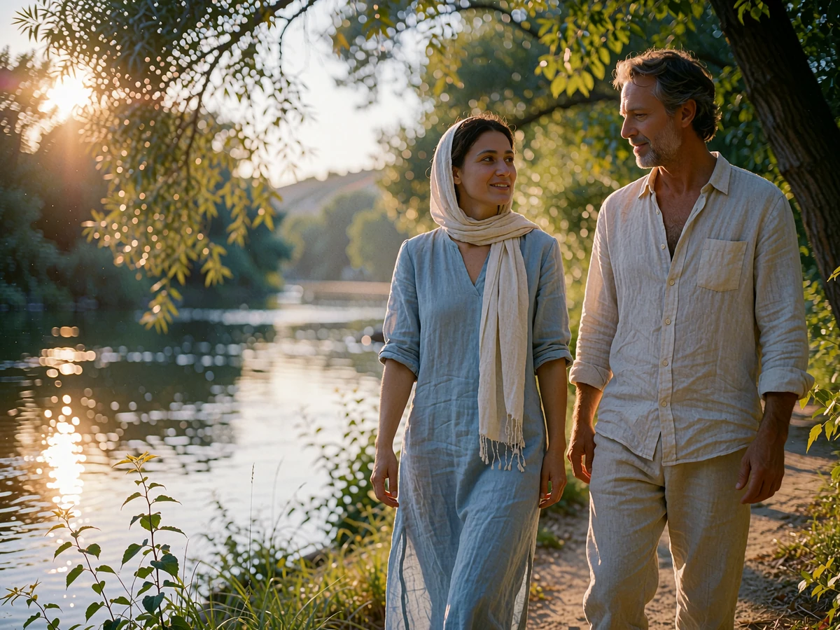 Tajik woman and Western man walking together along a tree-lined riverside path at dusk