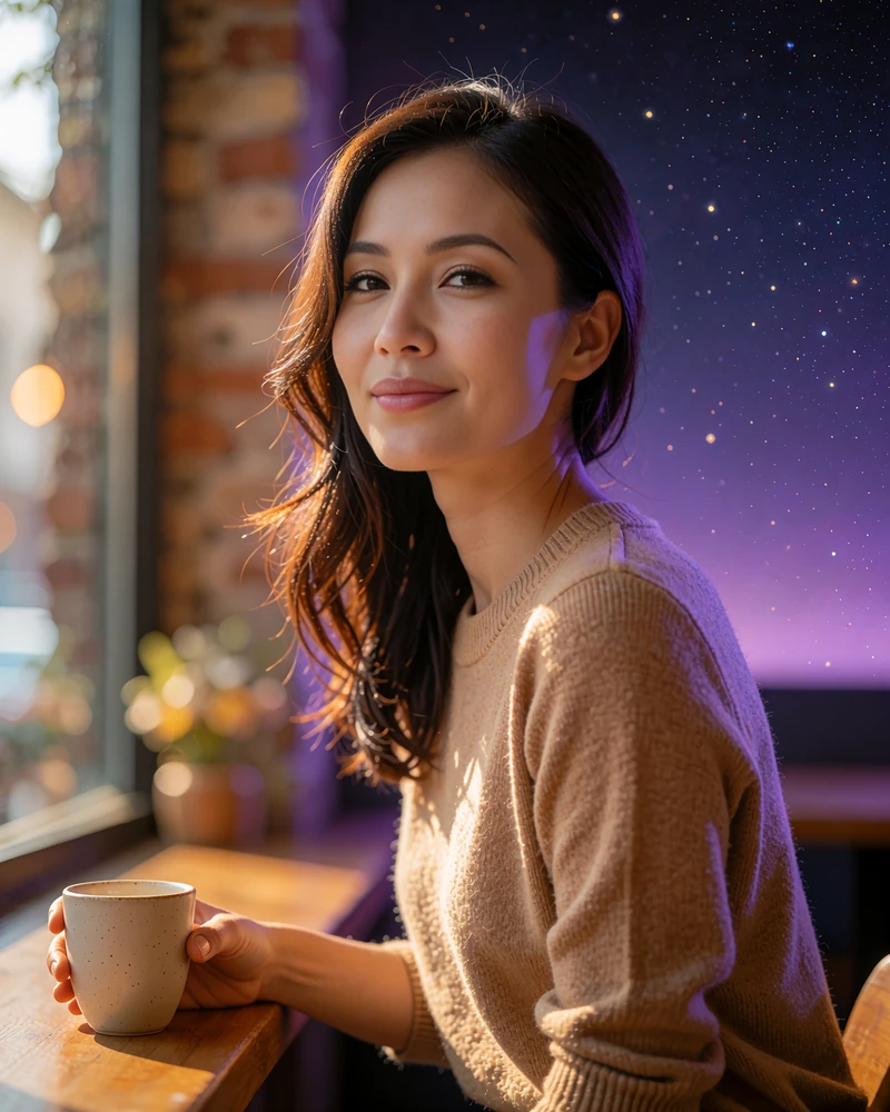 Vietnamese member in a camel knit seated at a quiet café window seat