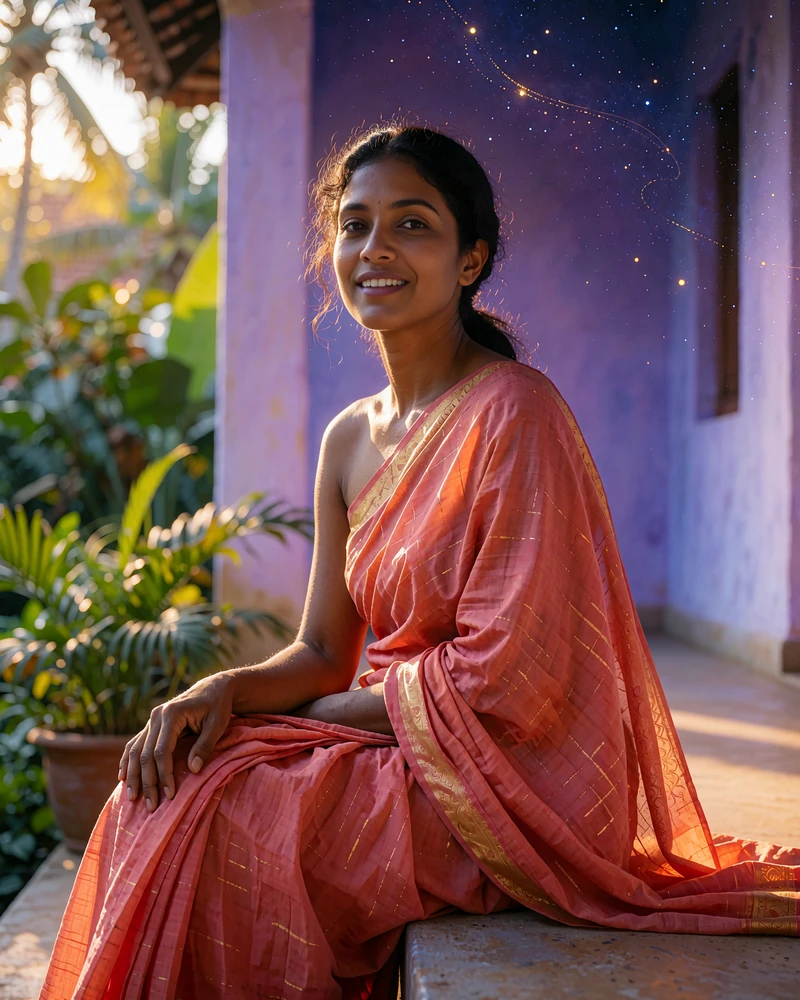 Sri Lankan member in a coral sari seated on a veranda step in late afternoon light