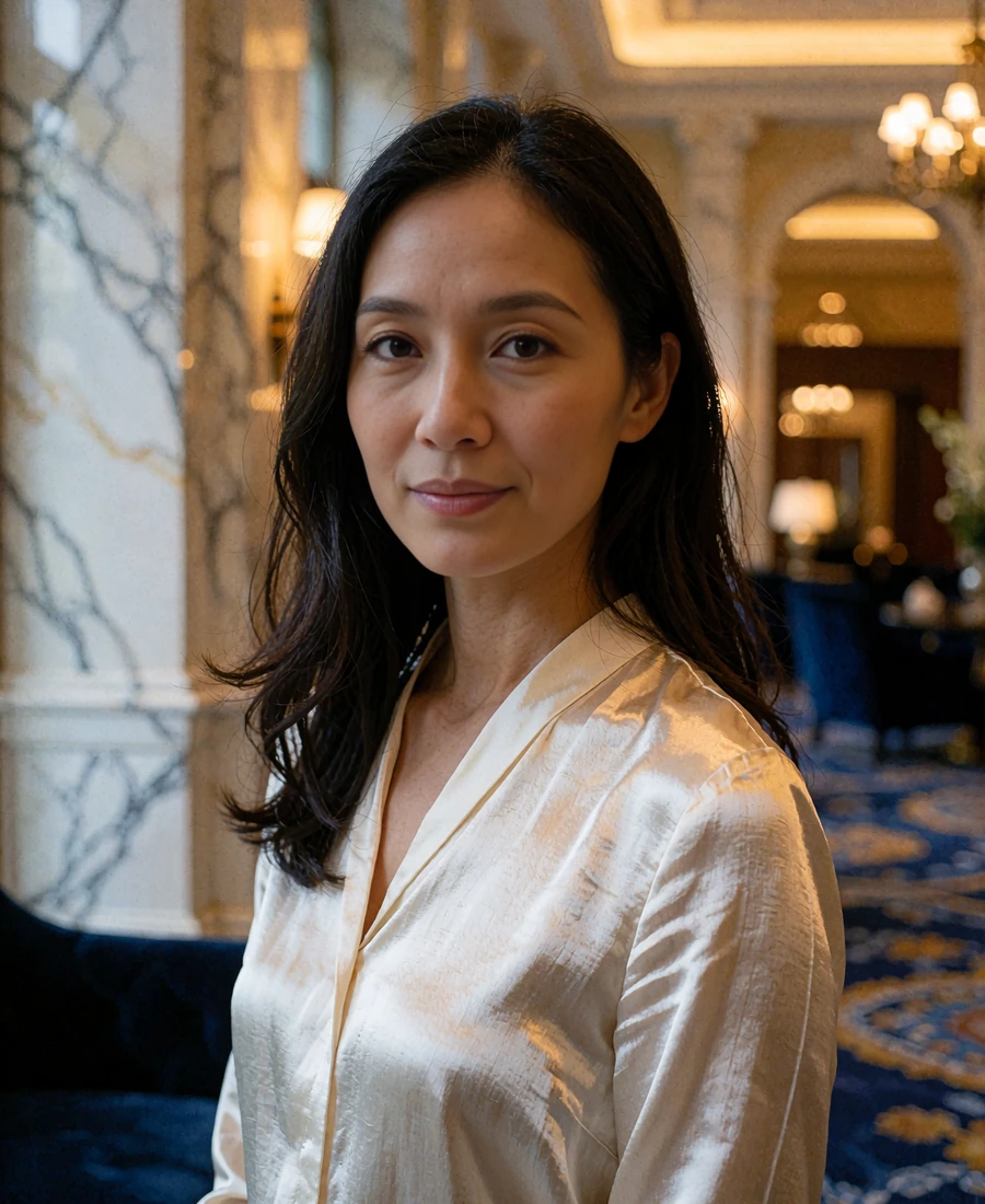 Malaysian member of Chinese heritage in an ivory blouse standing in a hushed luxury hotel lobby