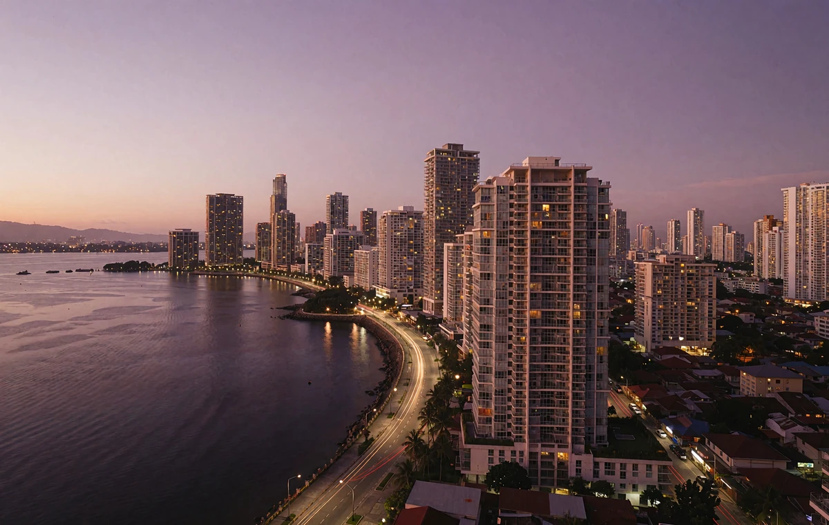 Aerial view across a Philippine bay city at dusk, glass residential towers on the right, a curving coastal boulevard with light trails through the centre, and calm water reflecting violet sky on the left