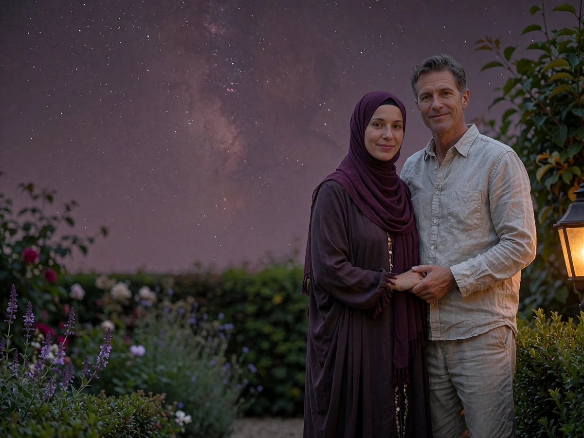 Yemeni woman and Western man standing together in a quiet walled garden at dusk