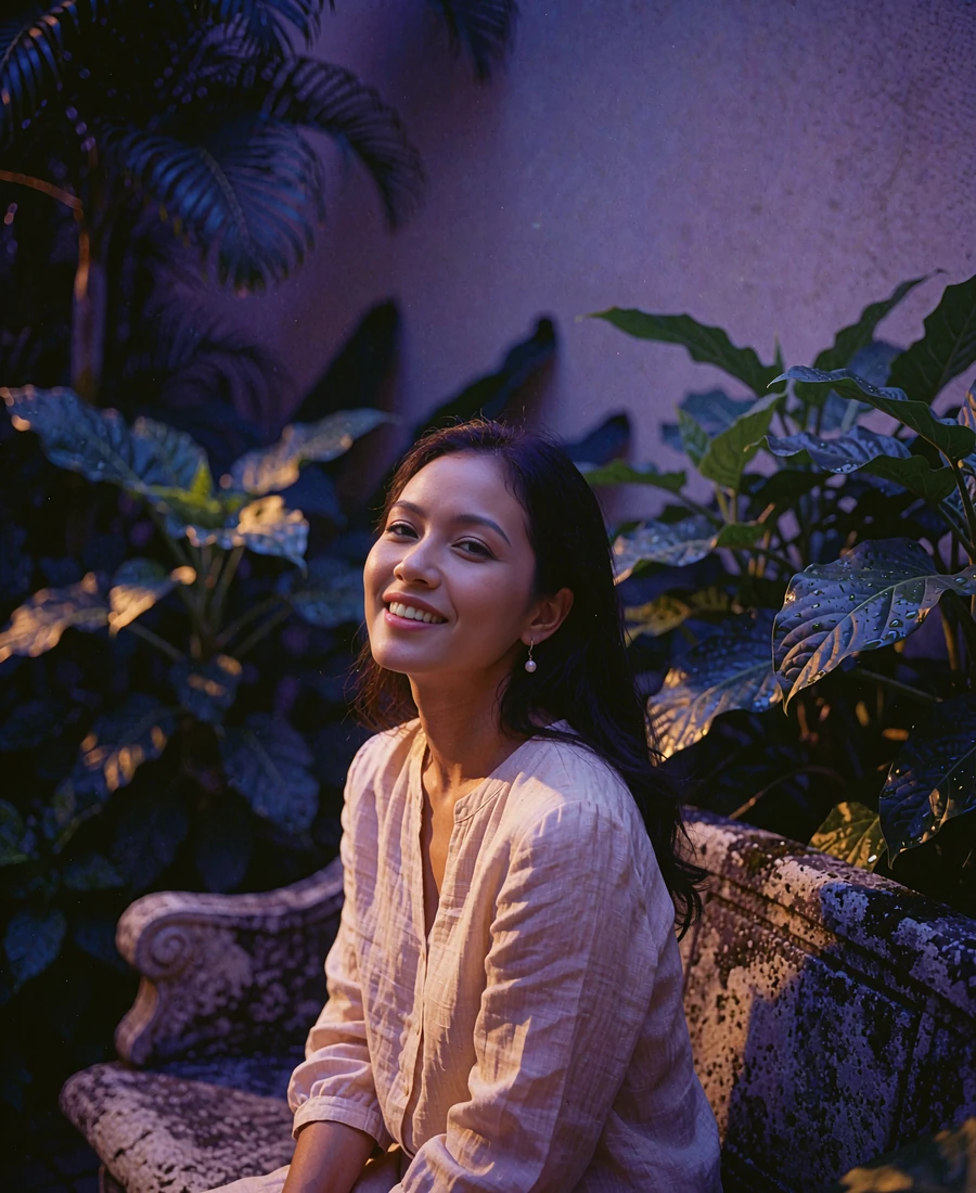 Filipina member in a blush linen blouse seated in a tropical courtyard garden at dusk