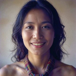 Bhutanese member smiling warmly in a close portrait with a woven collar visible