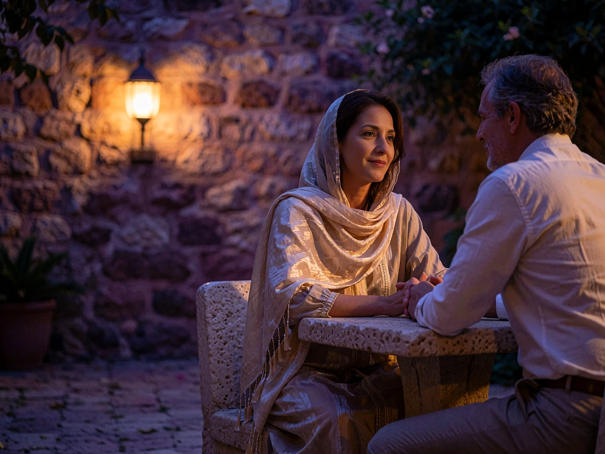 Jordanian woman in a softly draped scarf and a Western man in warm conversation at a lantern-lit courtyard restaurant table