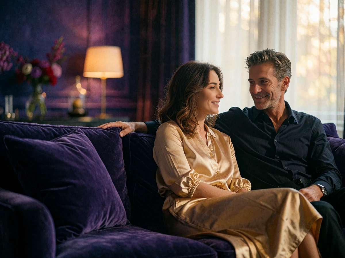 Armenian woman and Western man in relaxed conversation on a velvet sofa in an upscale lounge